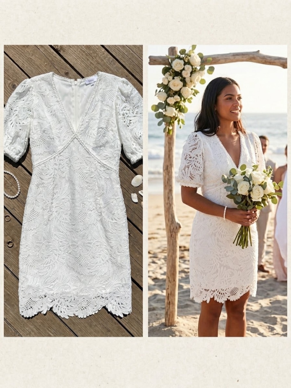 White Lace V-Neck Mini Dress - Beach Bridal Cocktail or Occasion Wear Size M